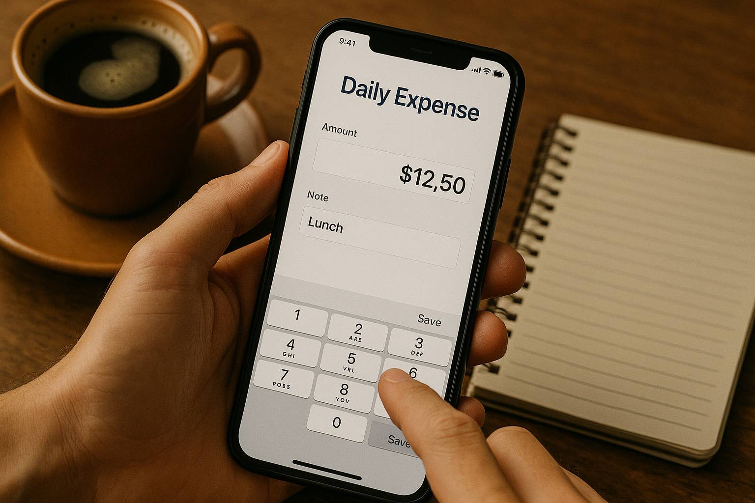 Close-up tangan seseorang sedang meng-input pengeluaran harian di smartphone