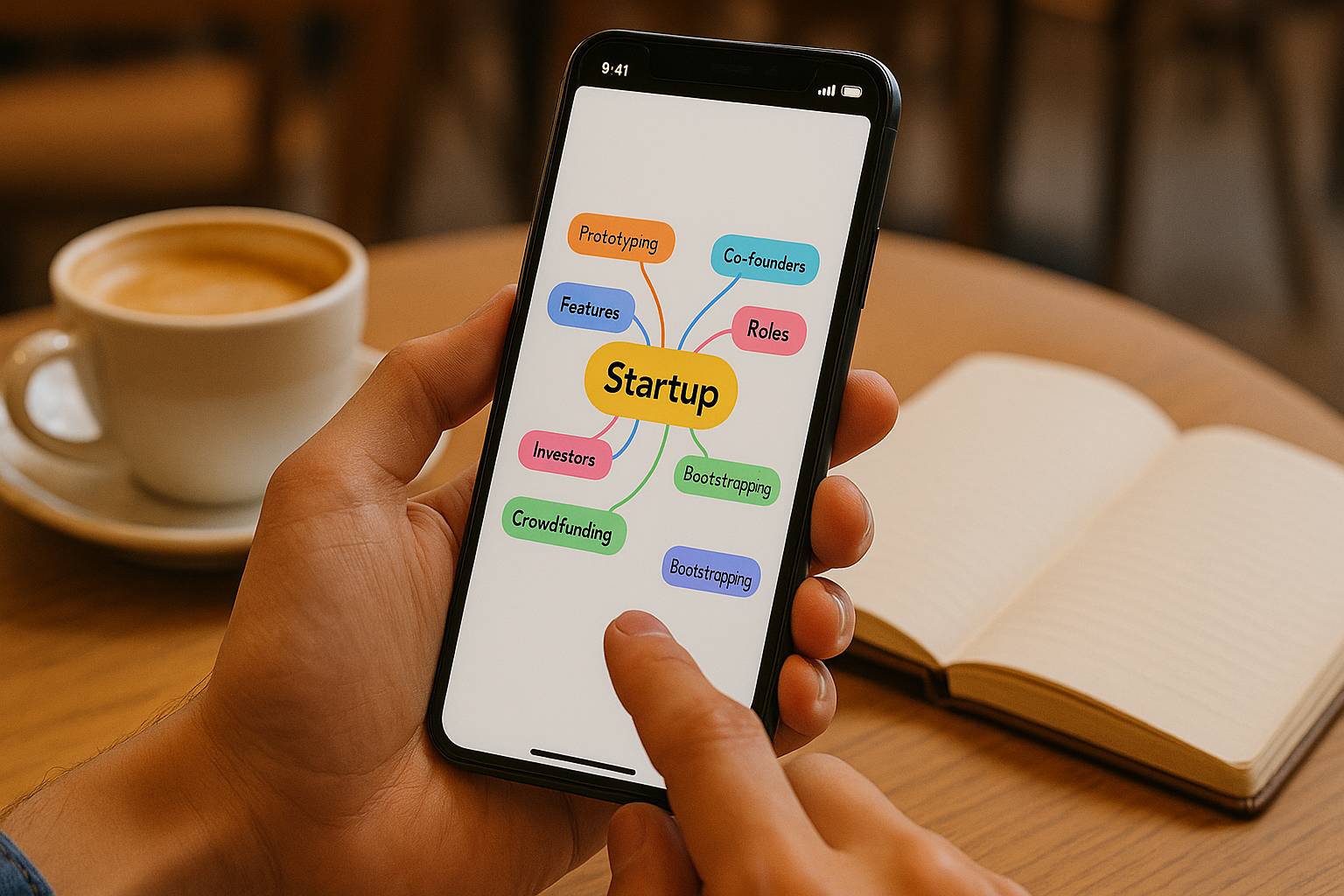 Orang menggunakan smartphone di kafe, layar menampilkan mind map warna-warni tentang ide startup