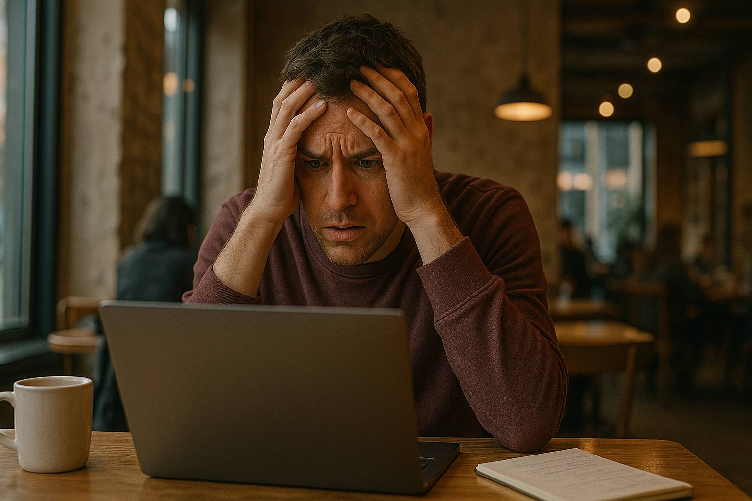 Seseorang duduk di kafe, menatap laptop dengan ekspresi frustrasi