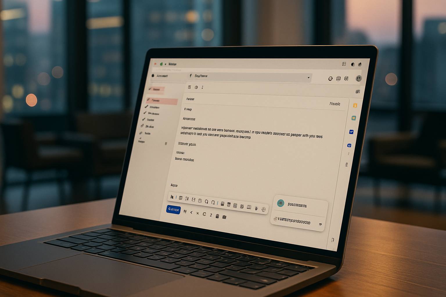 Tampilan layar laptop fokus pada email draft di Gmail, dengan ikon Grammarly