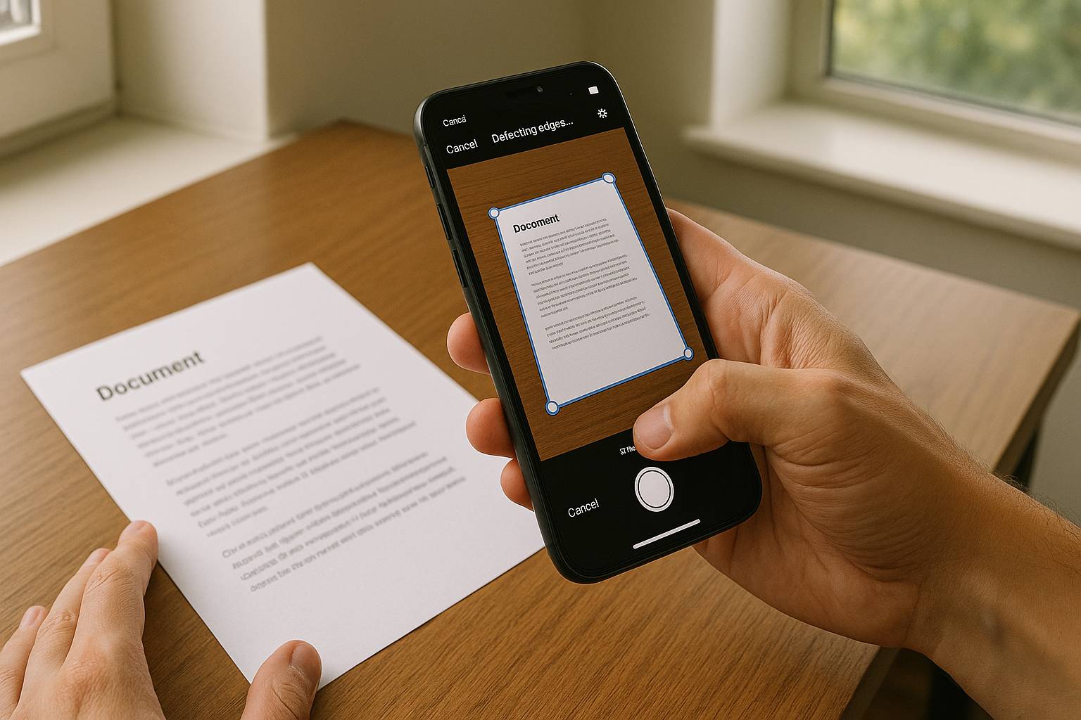 Tangan memegang smartphone melakukan scan dokumen kertas di atas meja kayu