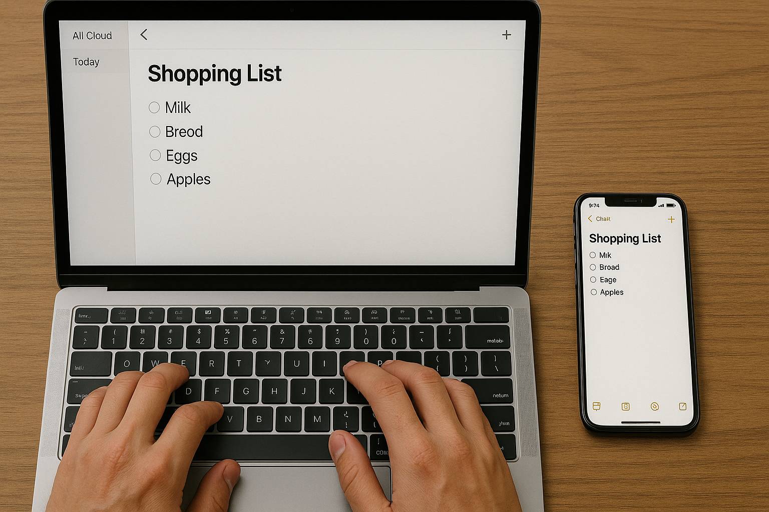 Tangan mengetik di laptop Mac dengan iPhone terbuka Apple Notes di samping, menunjukkan sinkronisasi real-time