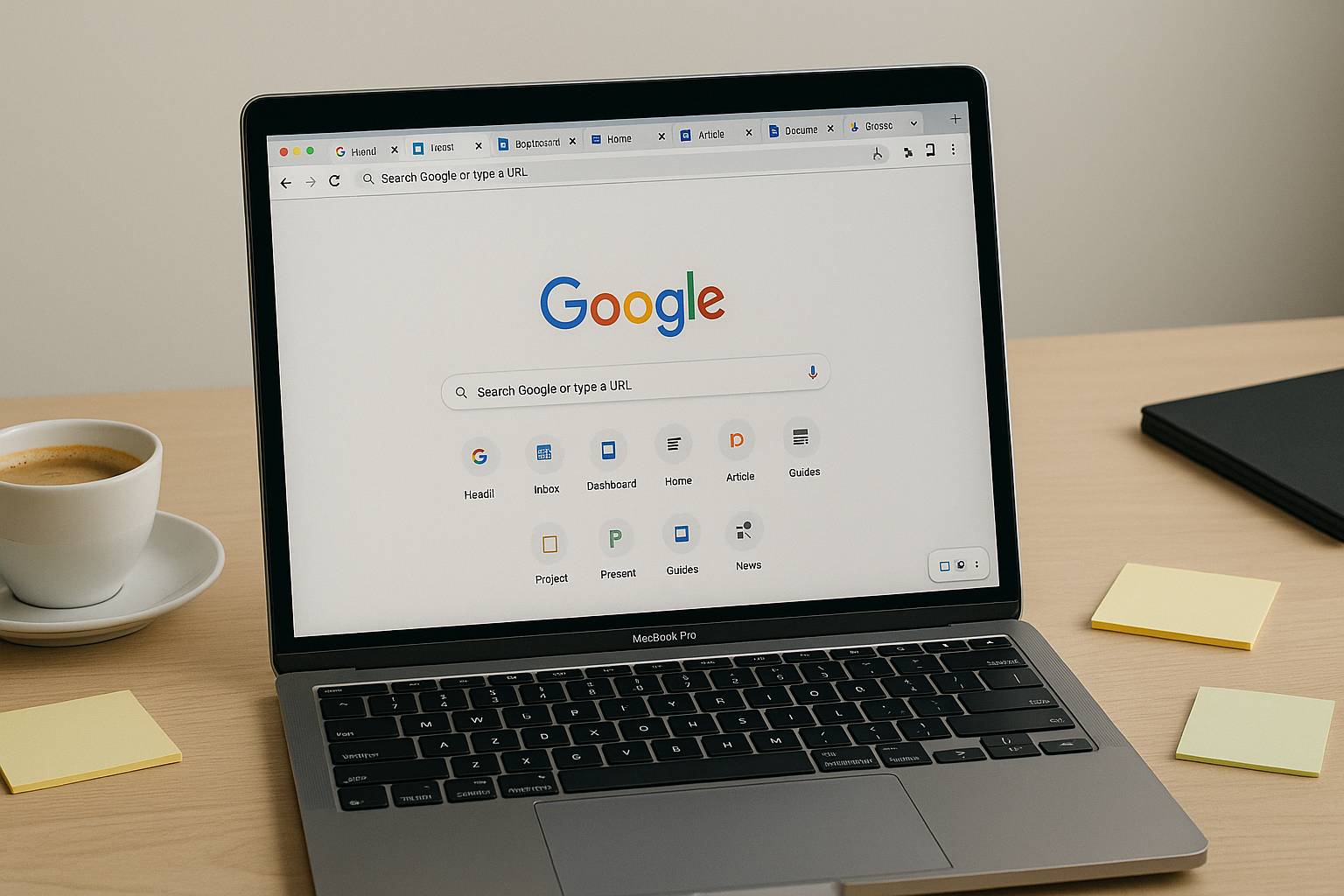 laptop di meja kerja minimalis dengan banyak tab Chrome terbuka